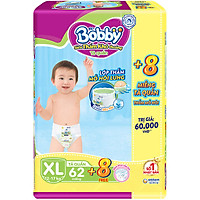 Tã quần Bobby - Đệm Lưng Thấm Mồ Hôi XL62 (62 miếng) - Tặng 8 miếng trong gói