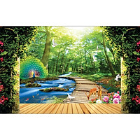 Tranh dán tường 3D con đường rừng cây - VẢI LỤA phủ kim sa (kích thước theo yêu cầu)