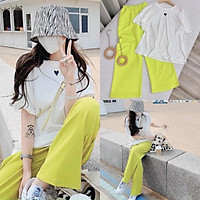 .Set áo thun trắng tim đen kèm quần suông dài vàng, bộ thời trang nữ/teen/hot girl năng động dễ thương đi chơi dạo phố M