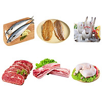 Combo 91: 1kg Cá saba Nhật + 500gr Khô cá mối + 1kg Tôm thẻ lột vỏ còn đuôi + 500gr Lõi vai bò Mỹ + 1kg Ba chỉ heo rút sườn + 1kg Đùi gà góc tư