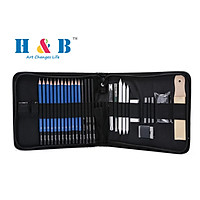 H&B 32Pcs Professional Pencil Drawing Kit Sketch Graphite Charcoal Pencil Sticks Rubbers Sketching Supplies