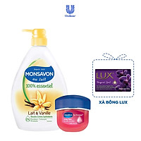 Combo sữa tắm Monsavon 1000ml + sáp dưỡng môi Vaseline hồng xinh 7g Tặng Xà bông Lux 80g