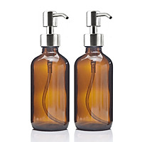 2 Pack Thick Amber Dispenser Bottles with Silver Stainless Steel Pump 240ML for Kitchen and Bathroom