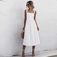 Women Dress Solid Color Square Neck Sleeveless High Waist A-Line Open Back Elegant Beach Party One-piece