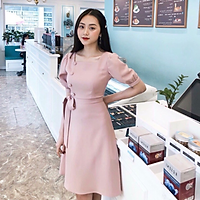 Đầm suông hồng nút bọc cột nơ bên eo ( dưới 57kg ) kèm ảnh thật SUONG004