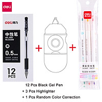 Deli Gel Pen Colored Highlighter Correction Tape Set 12 pcs Black/Blue/Red Ink Sign Pen 0.5mm Writing Pen 3 pcs Double-ended Fluorescent Marker 6 Color Markers 1pcs Mini Typo Correction Tools