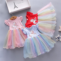 Girl Dress Cotton Blende Sleeveless Rainbow Animal Net Gauze Skirt For 0-4 Years Old Kids