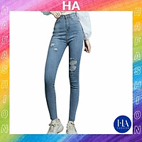 Quần Jean Nữ Lưng Cao H&A Fashion Chất Jean Co Giãn Màu Xanh Rách Kiểu KVQJN604