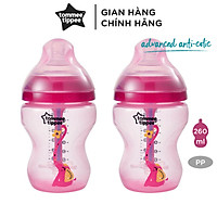 Bình sữa siêu chống đầy hơi kèm báo nhiệt Tommee Tippee Advanced Anti-Colic 260ml, núm ty đi kèm 0-3 tháng (bình đôi) - Hồng