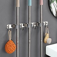 Thanh Treo Đồ Dán Tường Đa Năng Loại 4 Móc kèm 3 Kẹp Chổi Lau Nhà Chất liệu Inox 304 Cao Cấp - Tặng keo dán tường Chuyên dụng