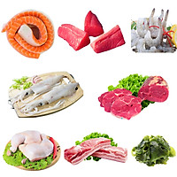 Combo 97: 1kg Lườn cá hồi 1-3 + 1kg Thịt cá ngừ + 1kg Tôm thẻ lột vỏ còn đuôi + 1kg Mực ống làm sạch + 1kg Bắp bò Úc + 1kg Đùi gà góc tư + 1kg Ba chỉ heo rút sườn + 1kg Rong biển tươi