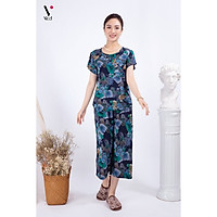 Bộ đồ nữ mặc nhà trung niên cho các bà, các mẹ - Bộ đồ ngủ Tole (lanh) - Bộ mặc nhà trung niên vải lanh (tole) Vicci BGS.082, thiết kế áo cộc tay phối quần ống sớ in hoạ tiết (Màu 4-10-11-13-16-17)