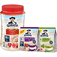 Combo Yến Mạch Thượng Hạng: Yến Mạch Ăn Liền Quaker Hũ 600g & Thức Uống Yến Mạch Quaker 3in1 Vị Berry, Matcha