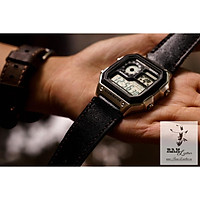 Dây đồng hồ da bò cho Casio AE1200 WHD và Seiko 5 37mm - Da bò đen tuyền (Tặng Khóa + Cây thay dây + 2 chốt)