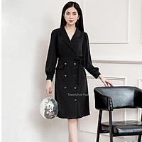 Đầm công sở họa tiết kẻ tay bồng, dây thắt eo, chất tho mịn Twentyfive N2113