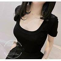 áo phông nữ,áo thun nữ cộc tay cổ u viền to vải zip cotton trẻ trung - Đen - M