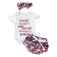 Summer Newborn Infant Cute Sweet Sets Baby Girl Cute Letters Print Short Sleeve Rompers and Floral Short Pants + Floral Headband