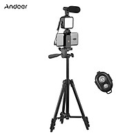 Andoer Phone Vlog Video Kit with Height Adjustable Tripod Phone Holder with Cold Shoe Microphone LED Video Light Remote