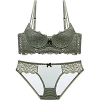 Bộ đồ lót cúp ngang bảng ren thêu khoen tròn - Xanh - 32A