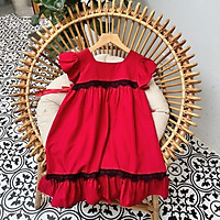 Váy bé gái dáng suông viền đen màu đỏ cao cấp mùa hè Sunkid SN10 size trẻ em 4-12 tuổi