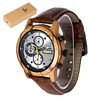 REDEAR Men Watch Quartz Movement Wood Case & Leather Strap Time & Calendar Display Luminous Pointer Stopwatch Function