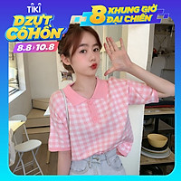 Áo thun cổ polo tay ngắn họa tiết sọc ca rô thời trang phong cách retro Hàn Quốc cho nữ