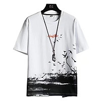 【COD】 Men T-shirt Fashion Landscape Painting Letter Printing Crew-neck Short Sleeve Pullover Top Couples Clothes
