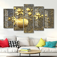 Bộ tranh treo tường 5 tấm tráng gương lọ hoa vàng trang trí decor phòng ngủ, phòng khách, phòng ăn và treo cầu thang đẹp