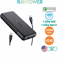 Pin Sạc Dự Phòng RAVPower 20000mAh Quick Charge 3.0 + PD 60W, In/Out Type-C, Sạc Được Macbook - RP-PB201 - Hàng Chính Hãng