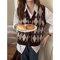 Áo gile len nữ retro cổ tim cardigan Hàn Quốc Gile nữ họa tiết quả trám Cổ V Giữ ấm Thu Đông Thời trang