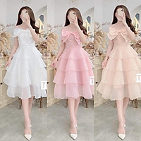 KÈM ẢNH/VIDEO THẬT - Đầm xoè bẹt vai nơ xếp tầng voan mỹ Cao Cấp ( Size M/L đến 57kg ) MS191V