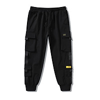 Men Cargo Harem Pants Fashion Ribbons Multi Pockets Solid Color Loose Casual Sports Trousers