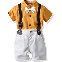 0-4Y Lapel Cotton Summer Casual Baby Boy Set Gentleman Shirt With Bow Tie And Suspender Pants Kit Kids Overalls