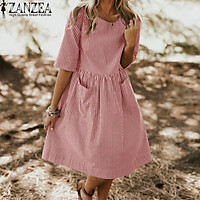 Đầm Maxi Nữ Tay Dài Kiểu Dáng Baby Doll Chữ A Chất Liệu Vải Thoáng Mát Họa Tiết Sọc Dọc Bảng Nhỏ Tinh Tế (Thương Hiệu ZANZEA)