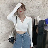 IELGY Áo Dệt Kim Tay Dài Cổ Chữ V Dáng Ôm Phong Cách Hàn Quốc Thời Trang Cho Nữ