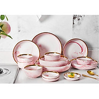 Bộ bát đĩa Gốm sứ cao cấp Men Gấm họa tiết vân đá viền vàng cao cấp sang trọng 32 sản phẩm dùng bữa ăn gia đình nhà hàng khách sạn