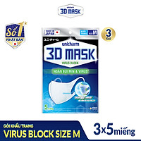 Bộ 3 Khẩu trang ngăn vi khuẩn Unicharm 3D Mask Virus Block (Ngăn được bụi mịn PM2.5) size M gói 5 miếng