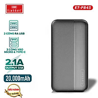 Pin Sạc dự phòng 20.000mAh Earldom PB45, 2 cổng ra USB, 2 cổng vào Micro và Type-C, sạc đầy từ 5-6 lần, dùng cho iPhone/ Xiaomi/Samsung/Oppo – hàng chính hãng