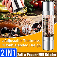 (2 in 1) Glass Salt Pepper Mill Grinder Spice Container Condiment Jar Holder Grinding Bottle Premium Stainless Steel Seasoning Shaker Store and Grind For BBQ Kitchen Cooking