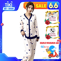 Bộ Đồ Pyjama nữ, đồ mặc nhà lụa VILADY - B104 kiểu cổ tim tay dài quần dài, họa tiết tim chấm bi, chất liệu lụa Pháp ( lụa latin) cao cấp - Màu trắng ngà