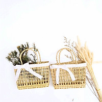 Túi cói thắt nơ Vintage, túi cói đi biển, du lịch, đựng đồ kiểu đan mây kèm Nơ Ren xinh xắn