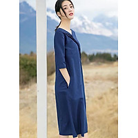 Đầm suông dáng chữ A cổ V tay lỡ xanh than LAHstore, chất thô mềm mát, thời trang phong cách Hàn Quốc