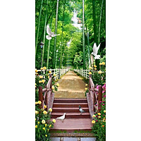 Tranh dán tường 3D phong cảnh con đường cây cầu - vải lụa kim tuyến