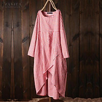 ZANZEA Women Long Sleeve Plaid Check Long Shirt Dress Loose Ethnic Midi Dress Plus Size