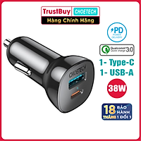 Củ Sạc Điện Thoại Ô Tô 38W CHOETECH TC0005 V2 USB Quick Charge 3.0 18W, Type-C PD 20W - Hàng Chính Hãng