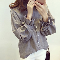 Striped Pattern Bow Women Blouse Korean Style Gray Lapel Lantern Sleeve Shirt Autumn Winter New