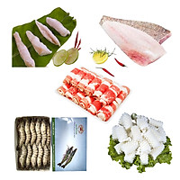 Combo 19: 500gr gân cá ngừ + 500gr cá mú fillet + 500gr ba chỉ bò Mỹ cuộn + 500gr Tôm sú nguyên con size 15 con + 500gr mực cắt hoa.