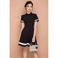 Đầm xòe cổ sơ mi phối viền - Đen