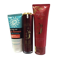 COMBO KEM CHỐNG NẮNG KIÊM KEM NỀN RA&GOWOORI REAL KILL 9.9 (80ml), Kem Nền BB Sâm Đỏ My Gold-My SU S II R Red Ginseng B.B Cream (40ml), Và Sữa rửa mặt hồng sâm My Gold 130ml