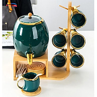 Bộ ấm trà, bộ chum sứ xanh cổ vịt viền vàng 3l kèm 6 cốc sứ và khay gỗ treo phong cách Bắc Âu